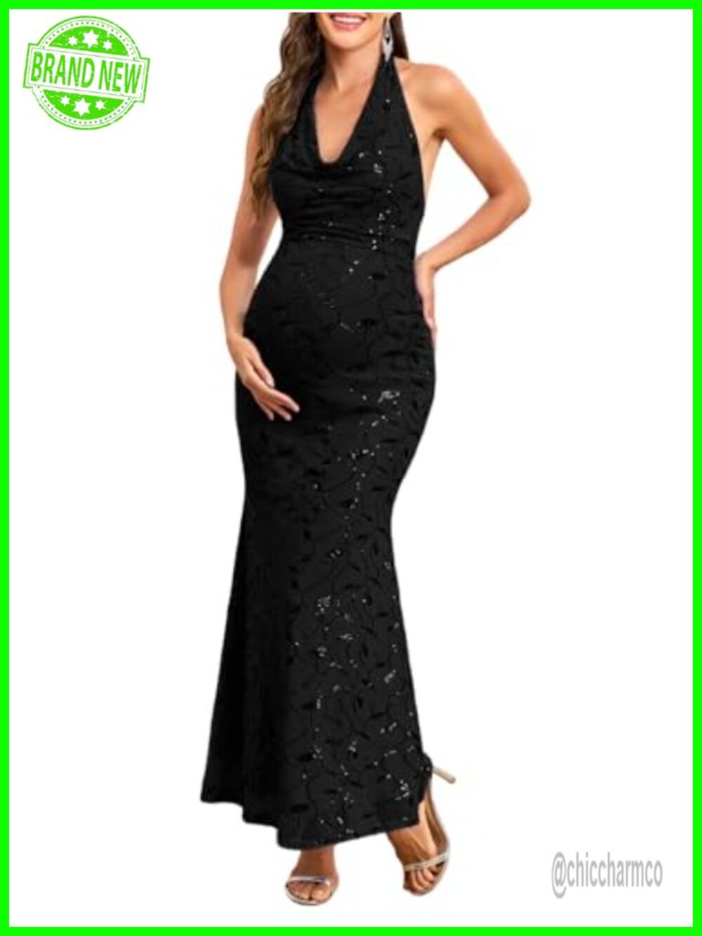 Maternity Sequin Halter Mermaid Dress Baby Shower Photoshoot Formal